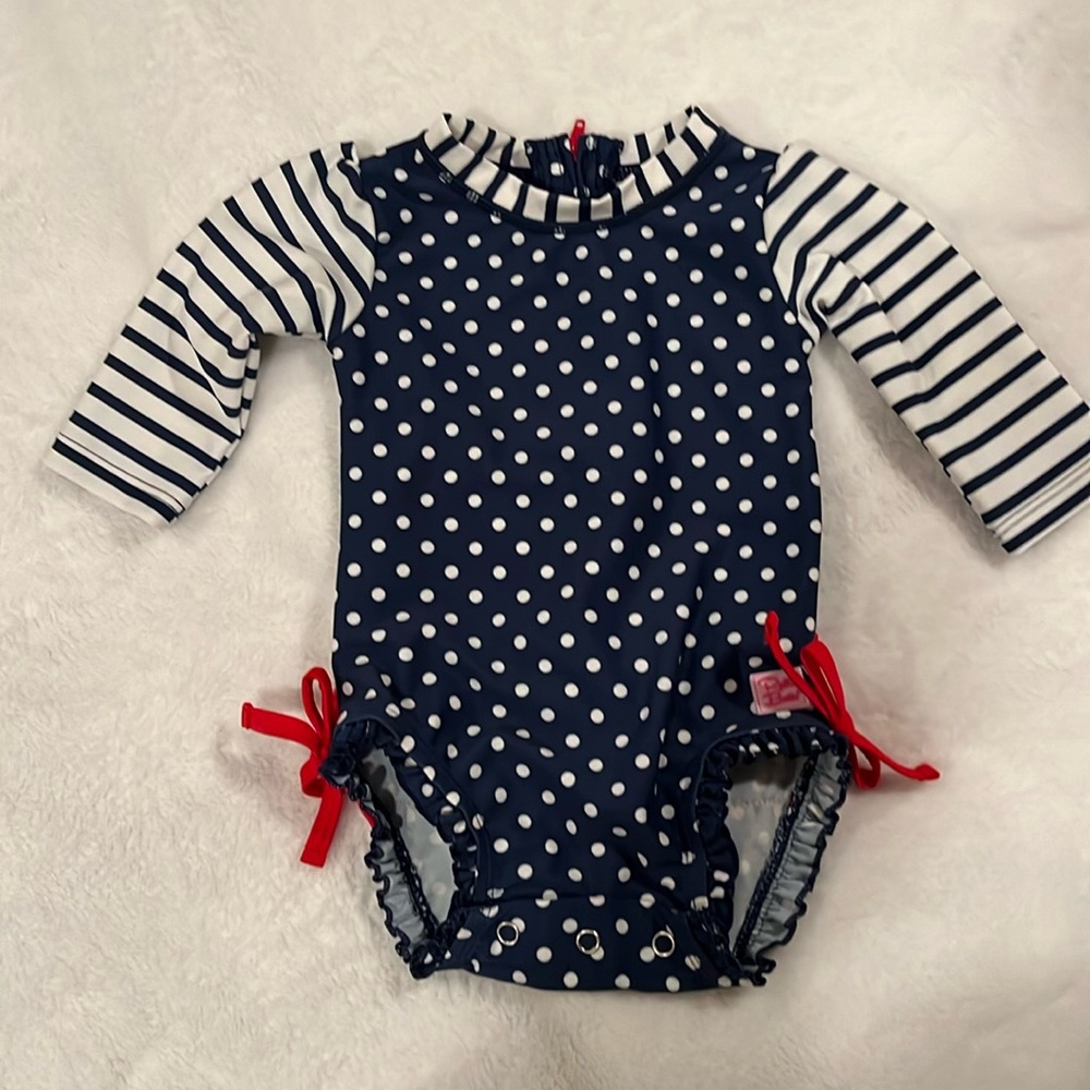 Ruffle Butts long sleeve rash guard, red, white and blue, size 3-6 months